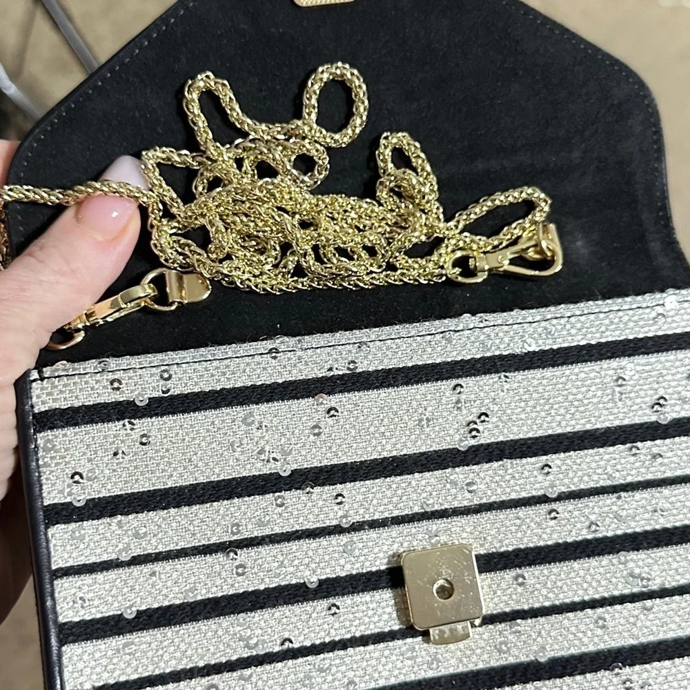 LK BENNET White Black Striped Beaded Lucy Flap Clutch Crossbody Chain Purse Bag
